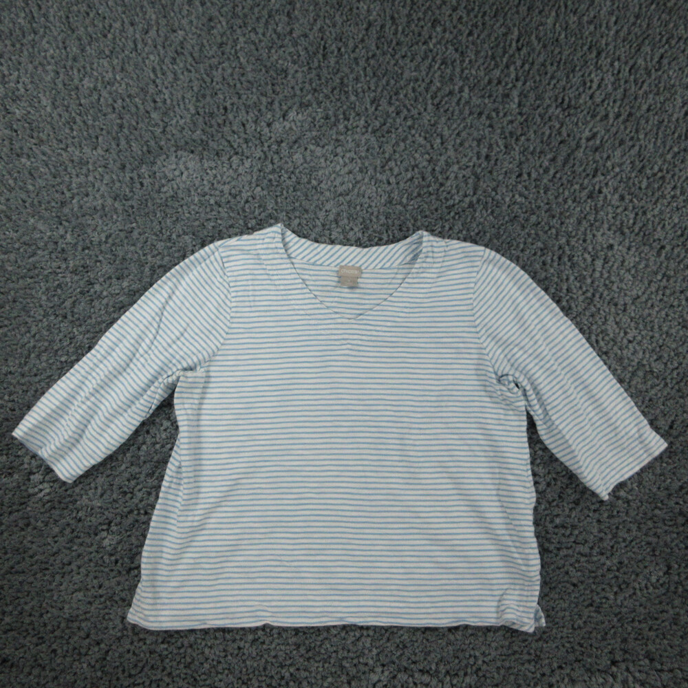 Chico's Shirt Womens 3 US L/16 Blue White Striped 3/4 Sleeve Pullover V-Neck